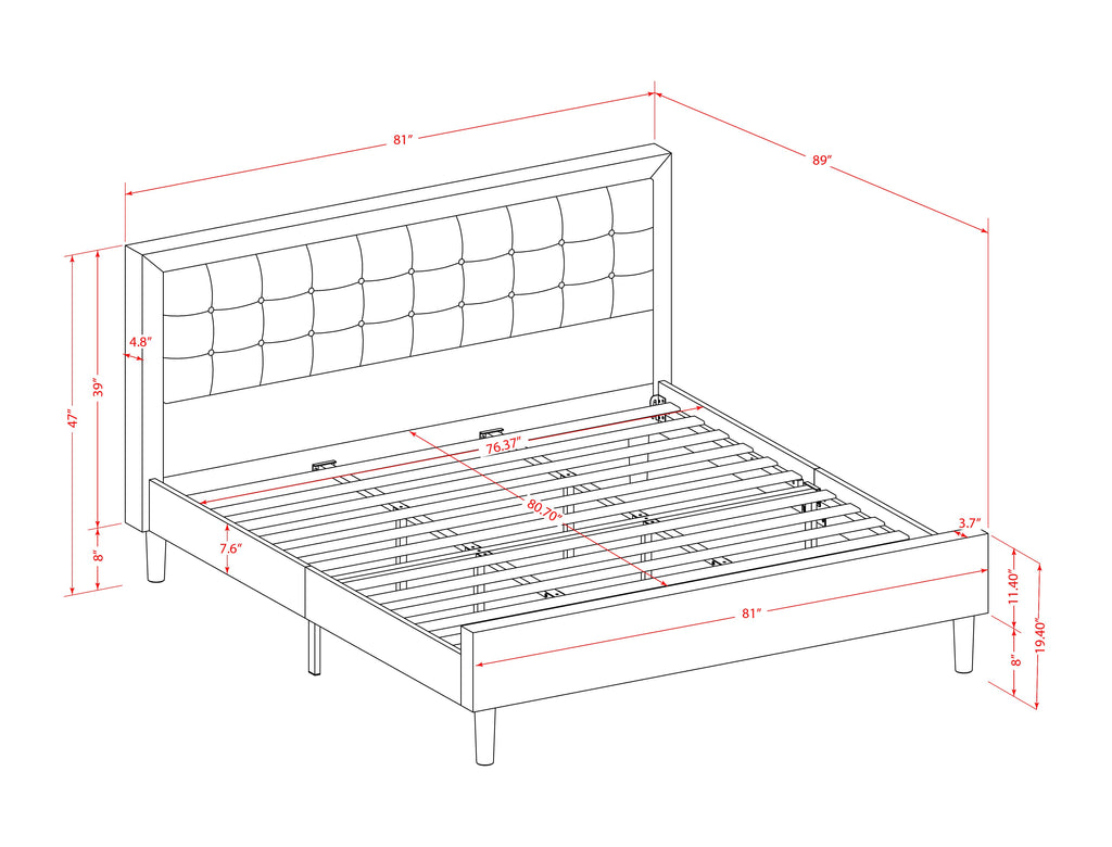FN11K-YSWFO 3-Piece Stylish King Suite Wooden Frame Bed & Two Contemporary Side Tables - Robust Denim Fabric Elegance