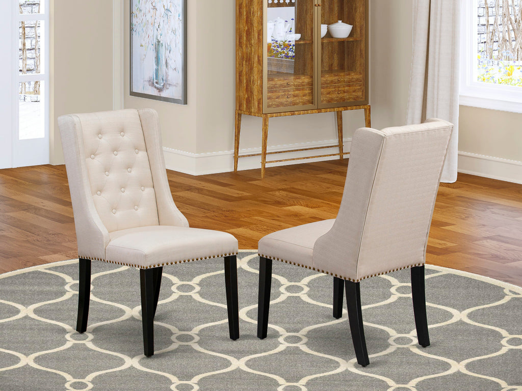 FOP1T58 Forney Parson Cream Padded Dining Chairs, Button-Tufted and Nailhead Trim in Linen Fabric, Set of Two, Black Legs