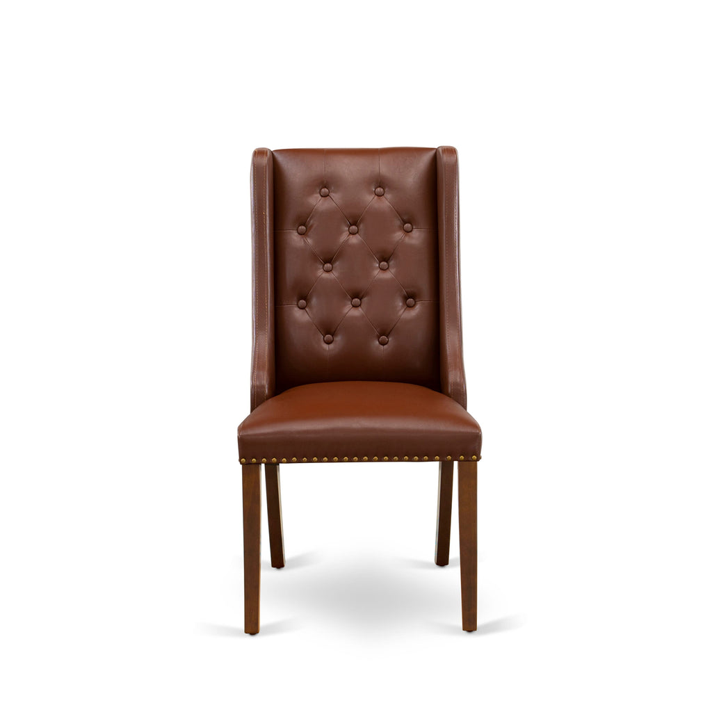 Dining Chair Set, FOP3TR5 - Button Tufted Nailhead Decor in Brown Faux Leather, Set of 2, Mahogany Finish
