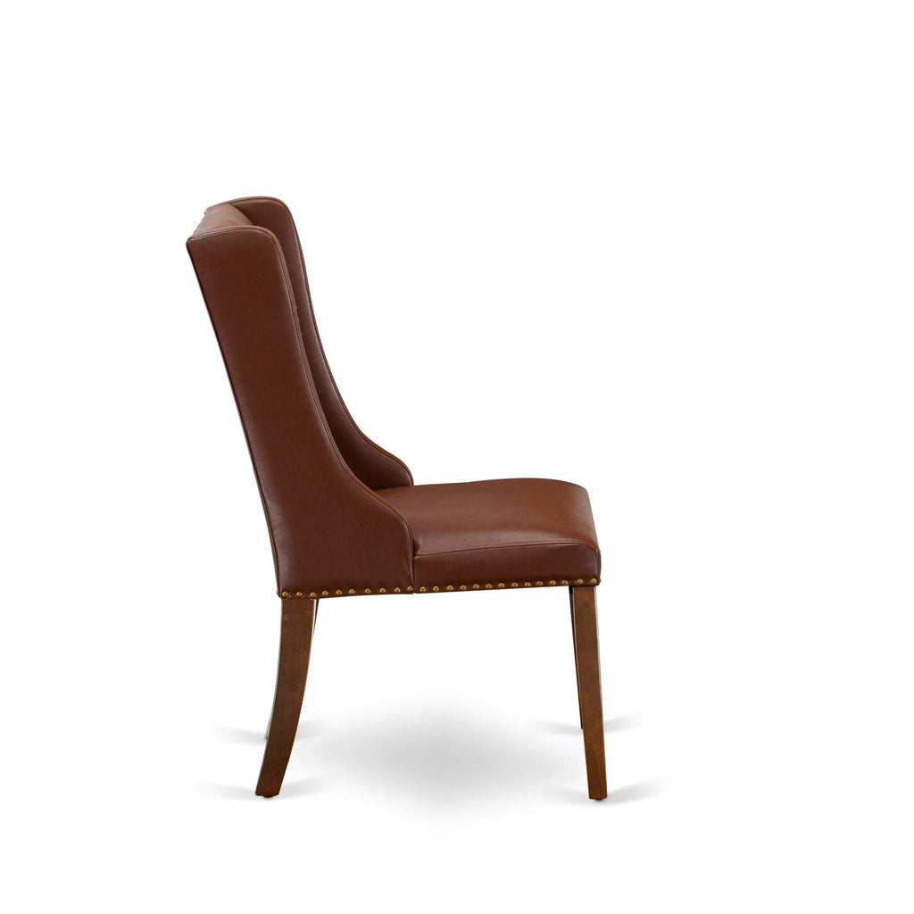 Dining Chair Set, FOP3TR5 - Button Tufted Nailhead Decor in Brown Faux Leather, Set of 2, Mahogany Finish