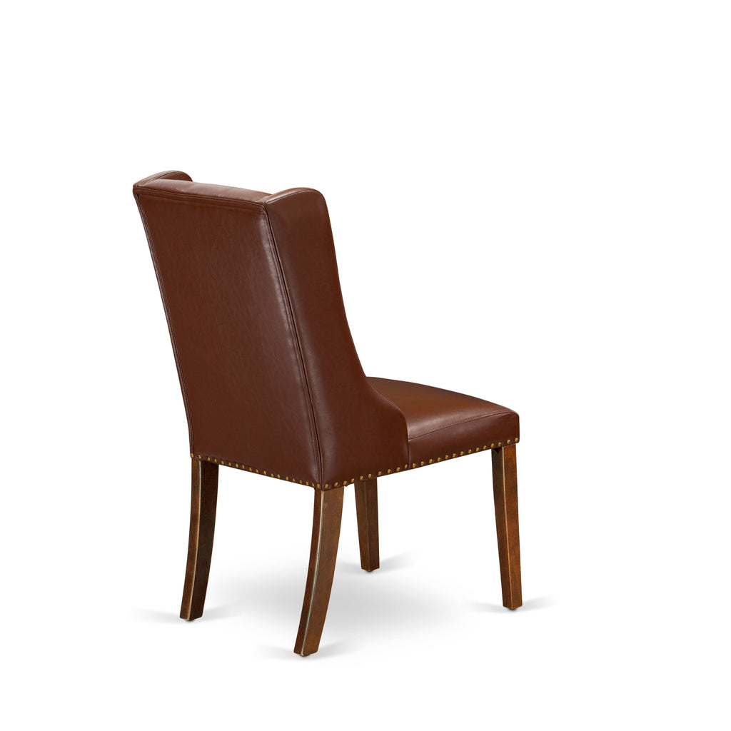 Dining Chair Set, FOP3TR5 - Button Tufted Nailhead Decor in Brown Faux Leather, Set of 2, Mahogany Finish