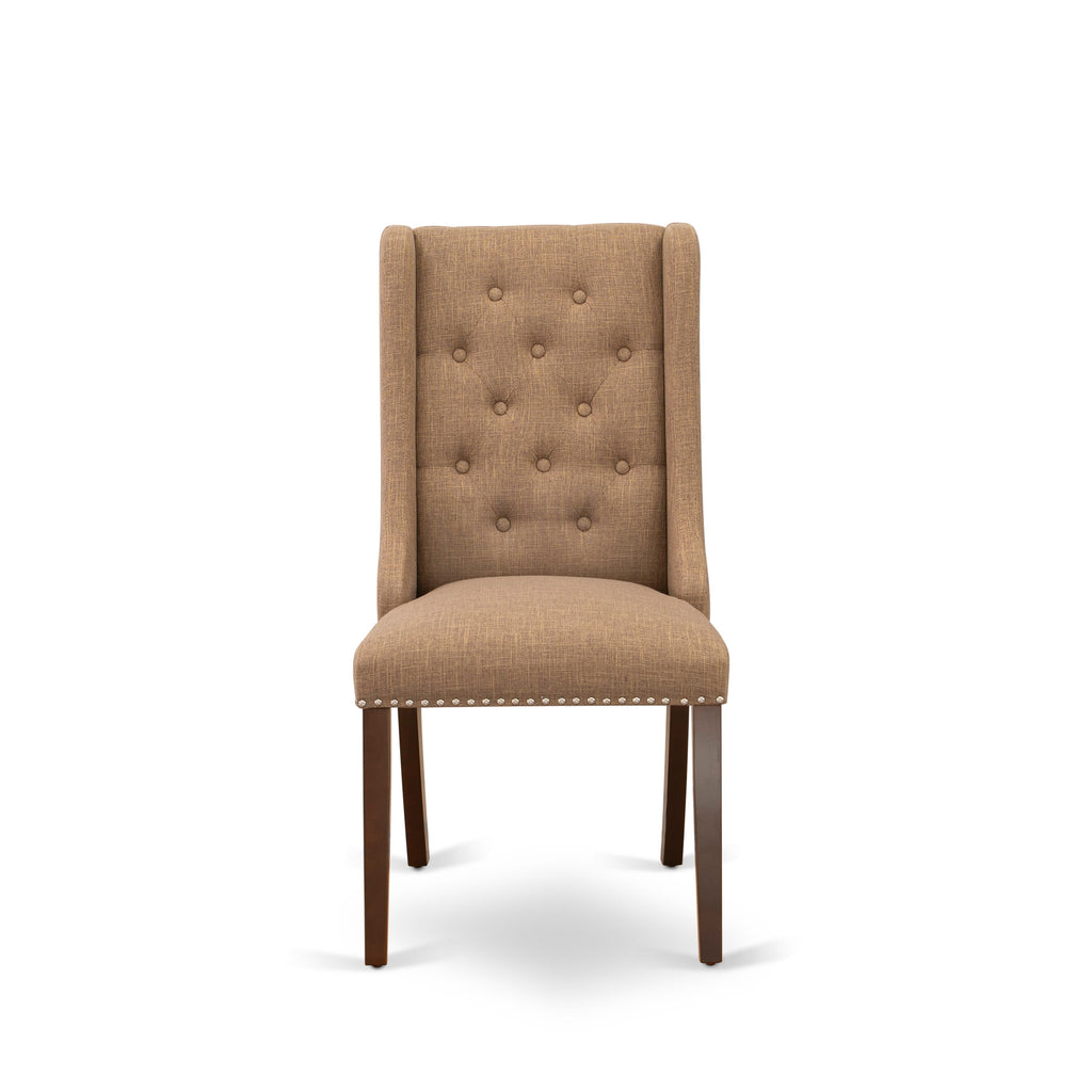 FOP3TBU Forney Dining Chairs - Tufted Nailhead Trim Light Sable Linen Upholstery, Pair, Mahogany Finish