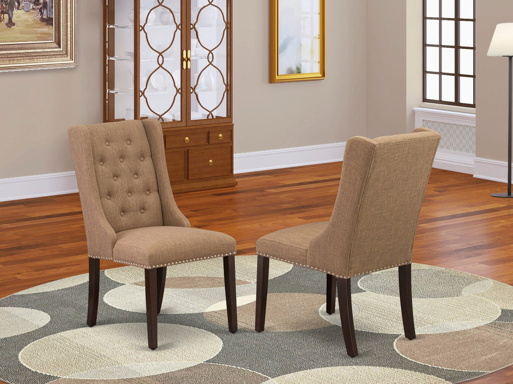 FOP3TBU Forney Dining Chairs - Tufted Nailhead Trim Light Sable Linen Upholstery, Pair, Mahogany Finish