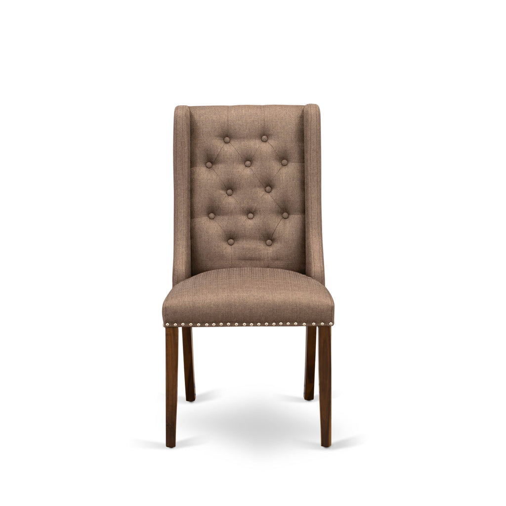 FOP8TR0 Set of 2 Button-Tufted Dining Chairs with Nailhead Trim, Brown Fabric, Walnut Legs