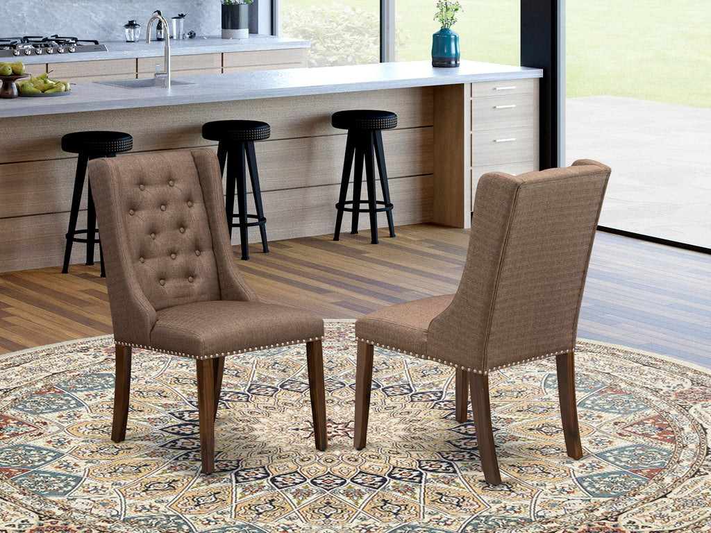 FOP8TR0 Set of 2 Button-Tufted Dining Chairs with Nailhead Trim, Brown Fabric, Walnut Legs