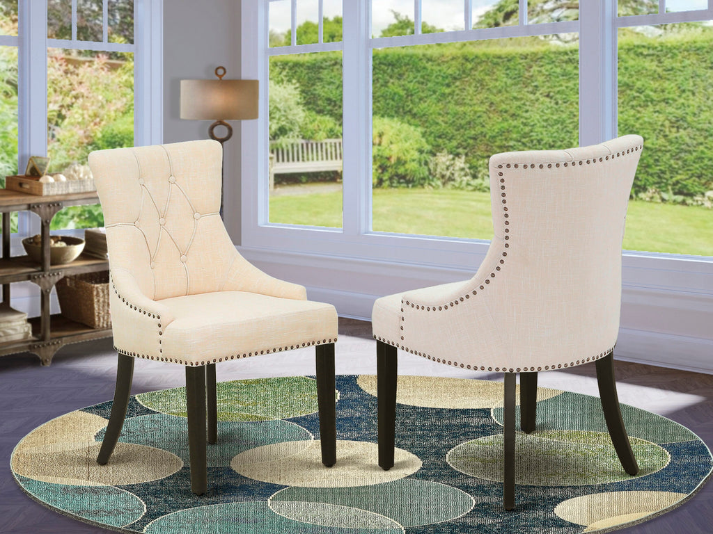 FRP1T40 Elegant Parson Dining Room Chairs Featuring Button Tuft and Nailhead Trim in Light Beige, Set of 2, Black Finish