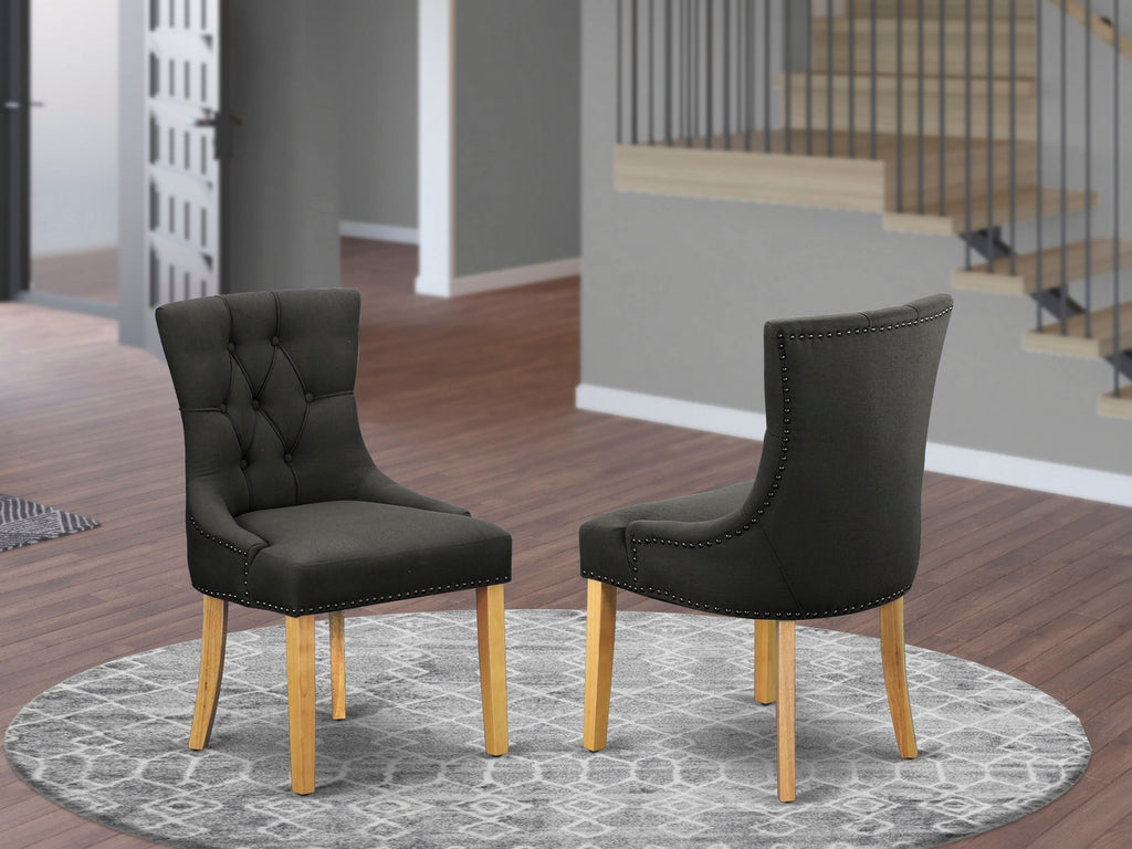 FRP4B61 Dark Gotham Dining Chairs - Elegantly Trimmed Button-Tufted Linen Pair in Oak Finish