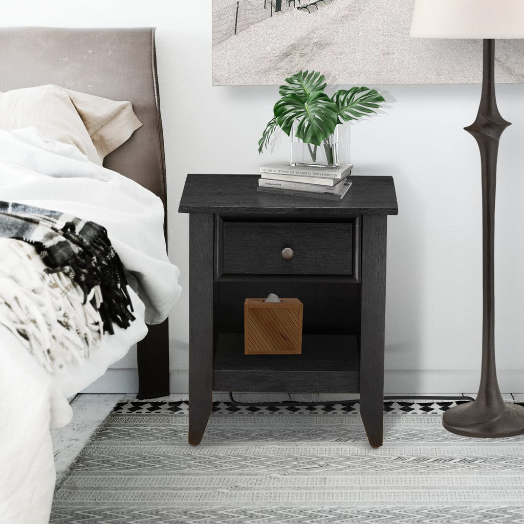 GA-06-E0 Gallatin Rectangular Nightstand with Drawer for Bedroom, Perfect 18x21 Inch Wirebrushed Black Addition