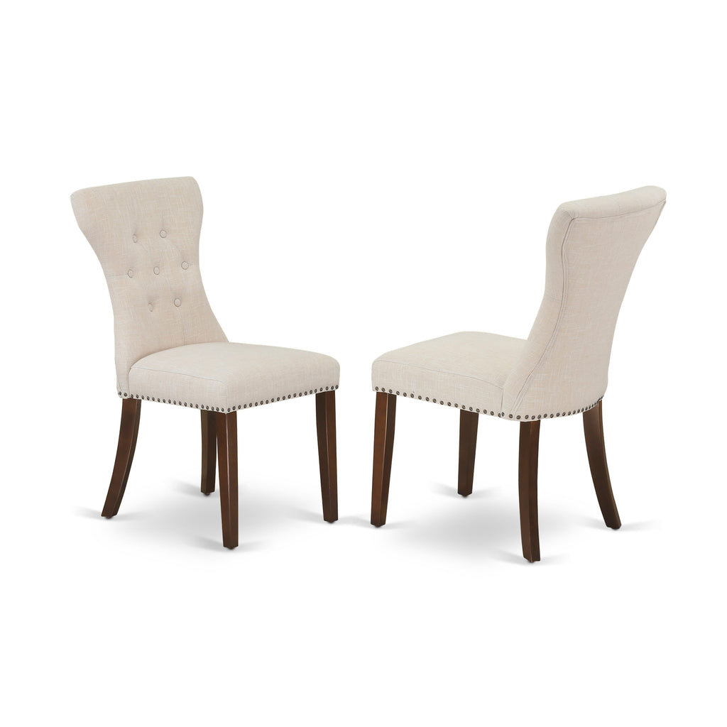 GAP3TY4 Sophisticated Parsons Dining Chair Set with Button Tufting and Nailhead Details in Light Beige Linen, Mahogany Finish - Set of 2