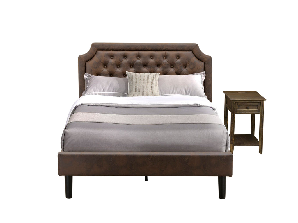 GB25F-P6EOI Button Tufted Full Bed Set with Distressed Jacobean Nightstand and Faux Leather Finish