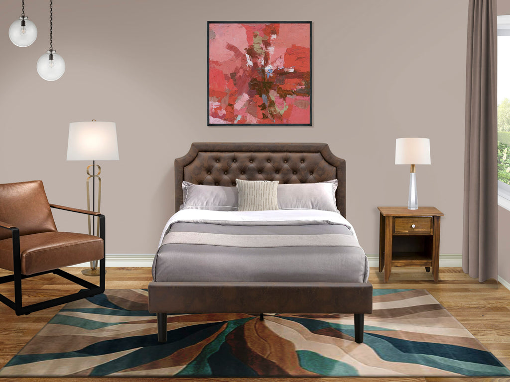 GB25F-AWECX Stylish Bedroom Suite Button Tufted Full Bed Frame & Antique Walnut Nightstand in Dark Brown Faux Leather