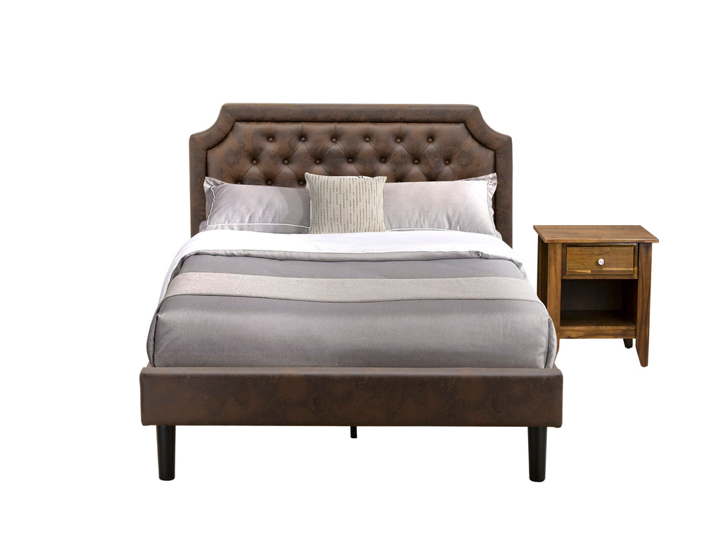 GB25F-AWECX Stylish Bedroom Suite Button Tufted Full Bed Frame & Antique Walnut Nightstand in Dark Brown Faux Leather