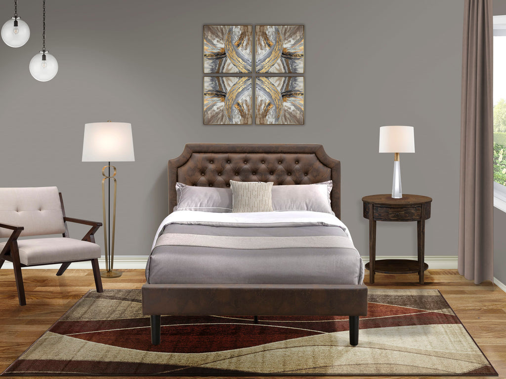 GB25F-8I0R6 Full Bed Set Button Tufted Upholstery & Classic Jacobean Nightstand, Brown & Black Design