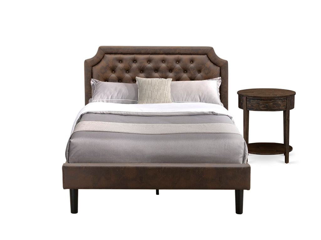 GB25F-8I0R6 Full Bed Set Button Tufted Upholstery & Classic Jacobean Nightstand, Brown & Black Design