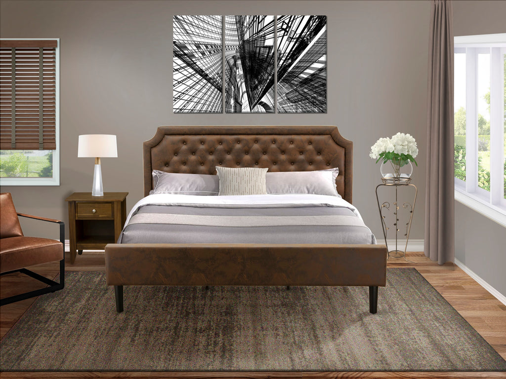 GB25K-4APJ0 Plush King Platform Bed Set with Antique Walnut Nightstand - Luxurious Dark Faux Leather and Sleek Black Finish