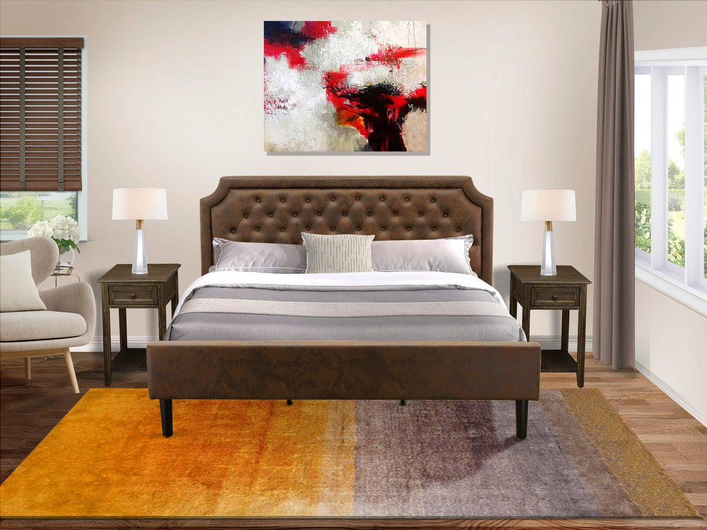 GB25K-LB3DR 3-Piece Set of Luxurious Bedroom Furniture with Tufted Bed and Two Rustic Dark Brown Stands