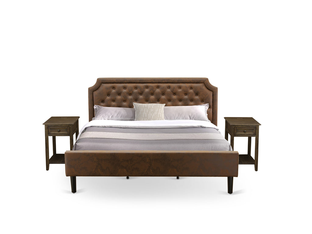 GB25K-LB3DR 3-Piece Set of Luxurious Bedroom Furniture with Tufted Bed and Two Rustic Dark Brown Stands