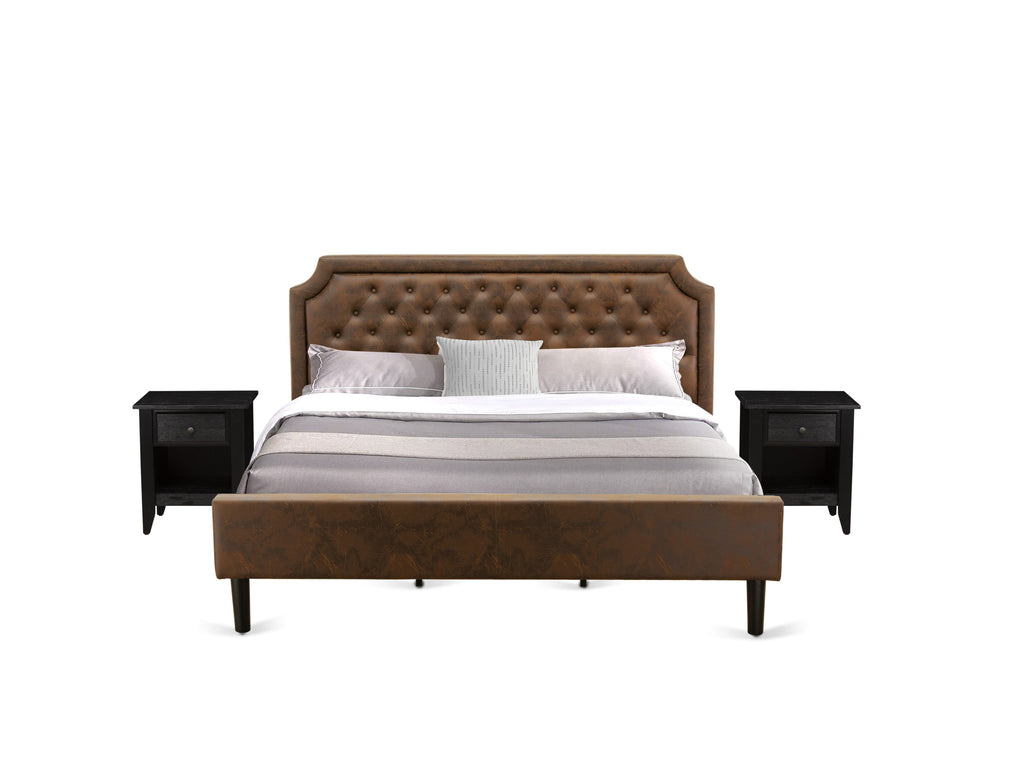 GB25K-G3EWW Deluxe 3-Piece King Bedroom Ensemble Featuring Tufted Headboard and Rustic Black End Tables - Dark Brown Leather Aesthetic with Black Details & Legs