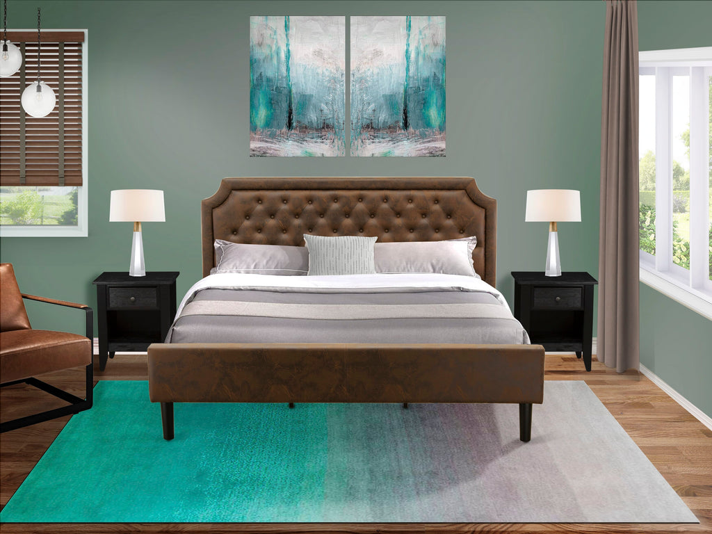 GB25K-G3EWW Deluxe 3-Piece King Bedroom Ensemble Featuring Tufted Headboard and Rustic Black End Tables - Dark Brown Leather Aesthetic with Black Details & Legs