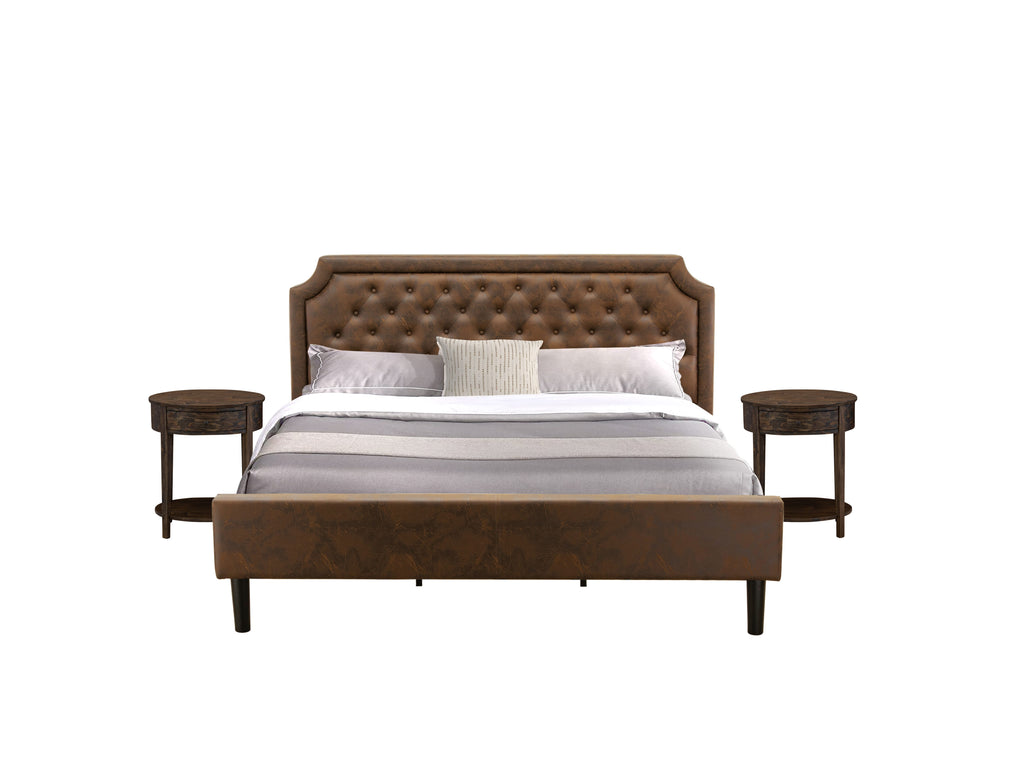 GB25K-0L6Z2 Deluxe Dark Brown Bedroom Ensemble Tufted King Bed with Distressed Jacobean Night Tables - Black Texture & Legs