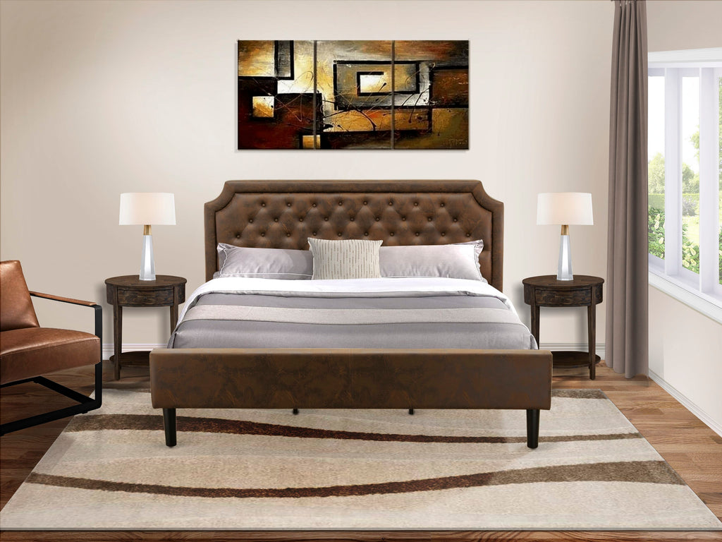 GB25K-0L6Z2 Deluxe Dark Brown Bedroom Ensemble Tufted King Bed with Distressed Jacobean Night Tables - Black Texture & Legs
