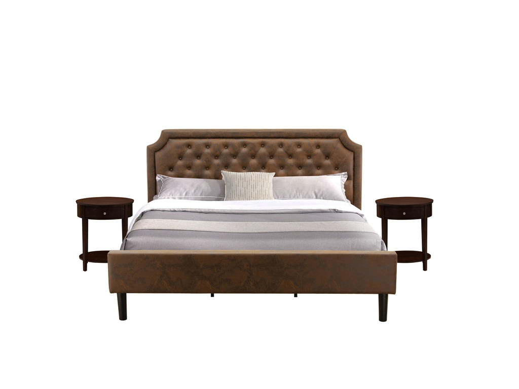 Revamp Your Bedroom with GB25K-N40NF 3-Piece Button Tufted Bed Set with Classic Bed Frame & Mahogany End Tables in Luxe Brown