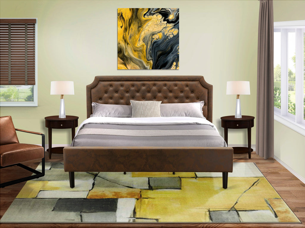 Revamp Your Bedroom with GB25K-N40NF 3-Piece Button Tufted Bed Set with Classic Bed Frame & Mahogany End Tables in Luxe Brown