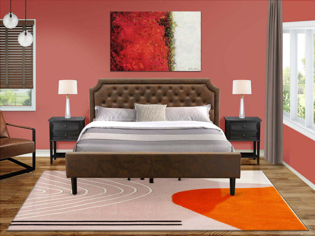 GB25K-D2XST 3-Piece Granbury Bedroom Collection Bed Frame with Dark Brown Faux Leather & Two Elegant Black Night Stands