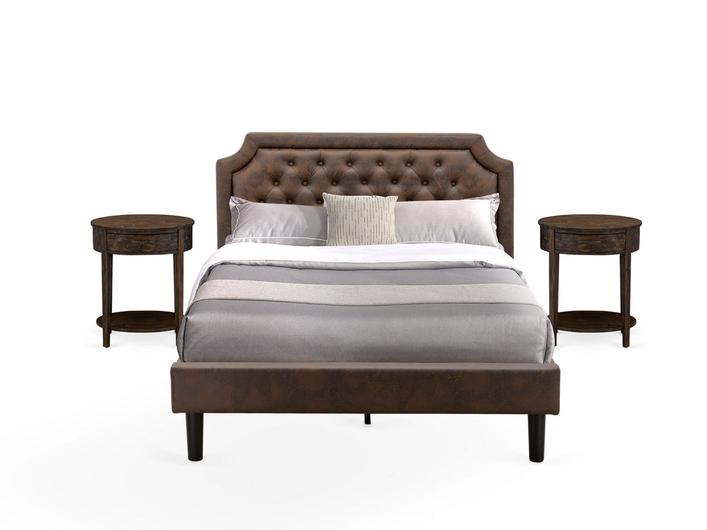 GB25Q-WJOUC Elegant Granbury Trio Queen Faux Leather Bed & Jacobean Side Tables, Dark Brown, Black Accent