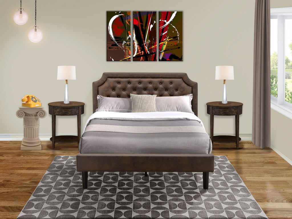 GB25Q-WJOUC Elegant Granbury Trio Queen Faux Leather Bed & Jacobean Side Tables, Dark Brown, Black Accent