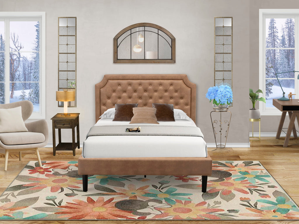 GB28F-Q8Y0Y 2-Pc Bedroom Furniture Set Tufted Brown Faux Leather Bed & Distressed Jacobean Nightstand, Black Legs Uniquely Styled