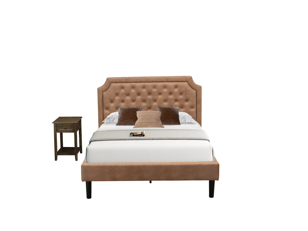 GB28F-Q8Y0Y 2-Pc Bedroom Furniture Set Tufted Brown Faux Leather Bed & Distressed Jacobean Nightstand, Black Legs Uniquely Styled