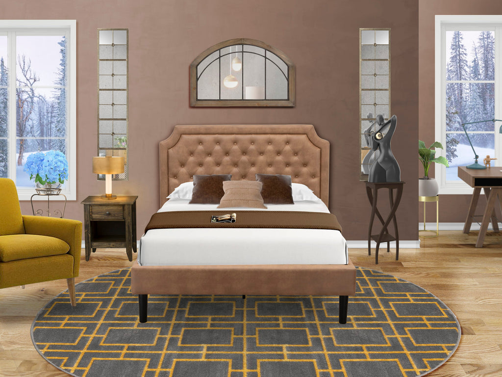 GB28F-55DP8 2-Piece Granbury Bedroom Ensemble Upholstered Button Tufted Full-Size Bed and Distressed Jacobean Nightstand with Black Legs - Brown Faux Leather