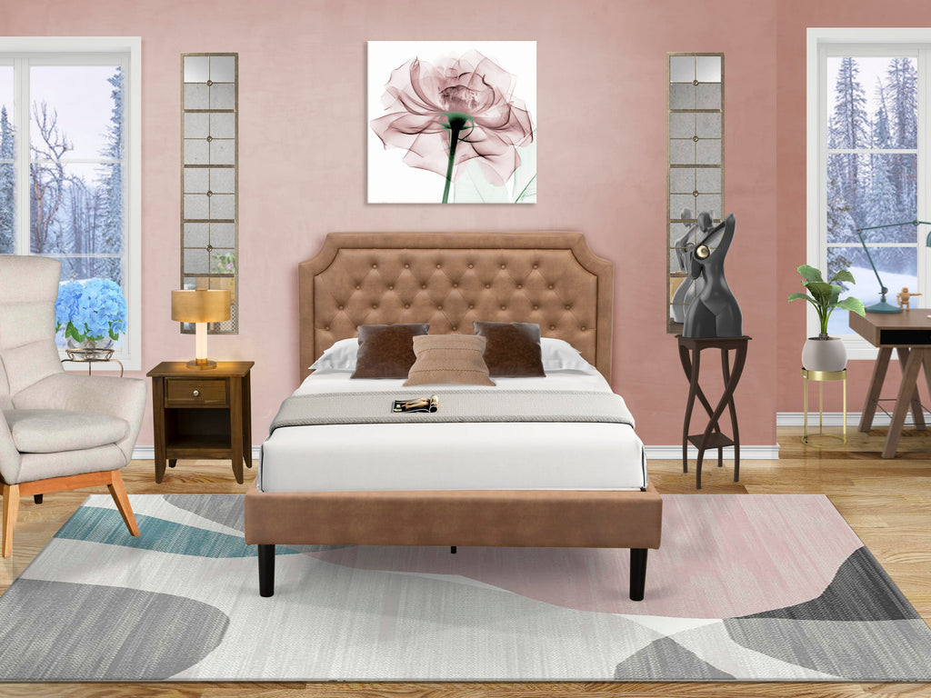 GB28F-NHCLZ 2-Piece Bedroom Ensemble Button Tufted Bed & Stylish Walnut Textured Nightstand - Brown Faux Leather