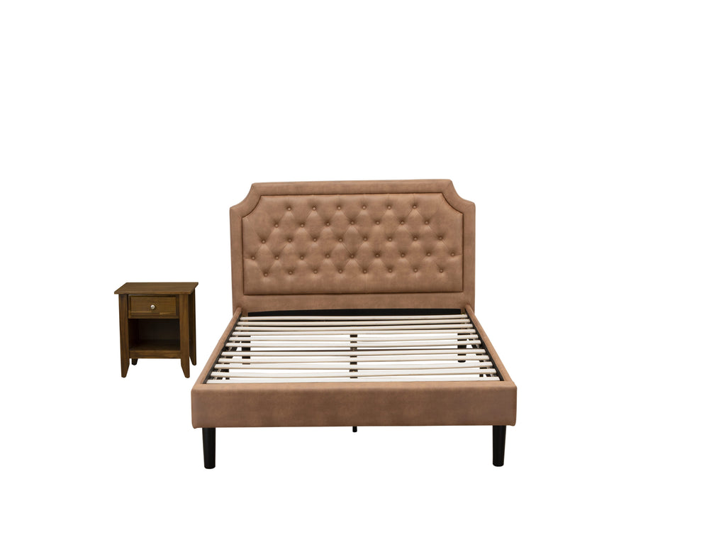GB28F-NHCLZ 2-Piece Bedroom Ensemble Button Tufted Bed & Stylish Walnut Textured Nightstand - Brown Faux Leather