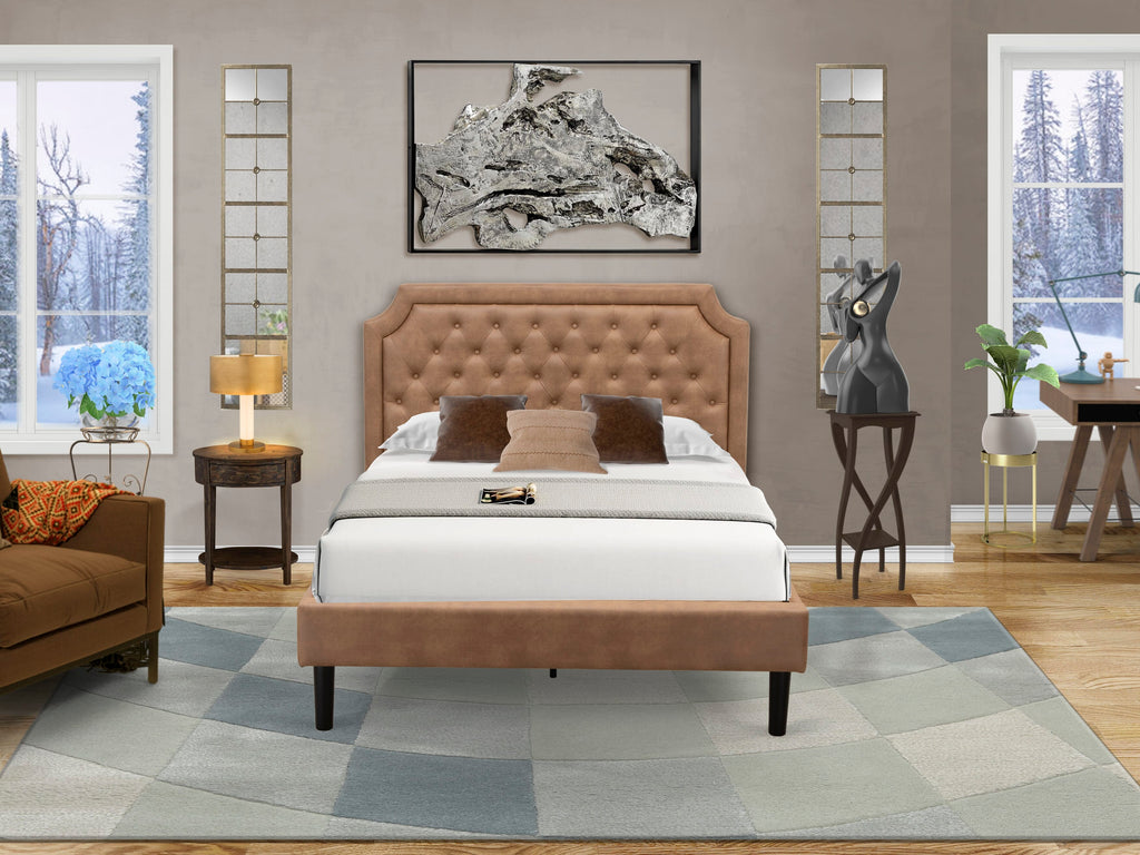 GB28F-2WXU9 Two-Piece Faux Leather Granbury Bedroom Package Button Tufted Double Bed & Rustic Jacobean Accent Table with Rich Brown Details & Black Supports