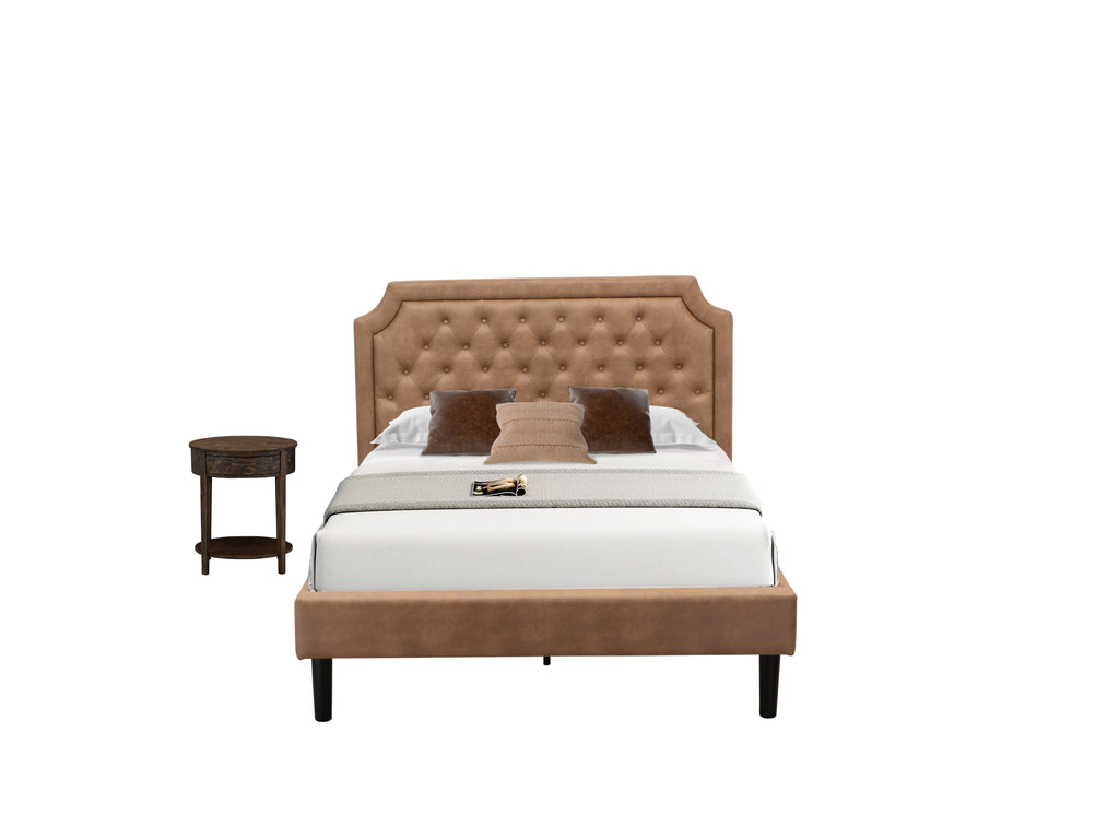 GB28F-2WXU9 Two-Piece Faux Leather Granbury Bedroom Package Button Tufted Double Bed & Rustic Jacobean Accent Table with Rich Brown Details & Black Supports
