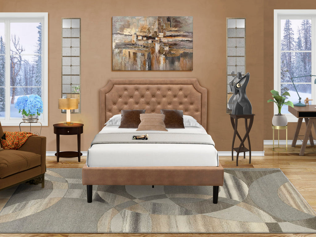 GB28F-TOAUJ Duo Combo Set with a Vintage Vibe Classy Tufted Bed Frame & Chic Mahogany Nightstand in Elegant Brown