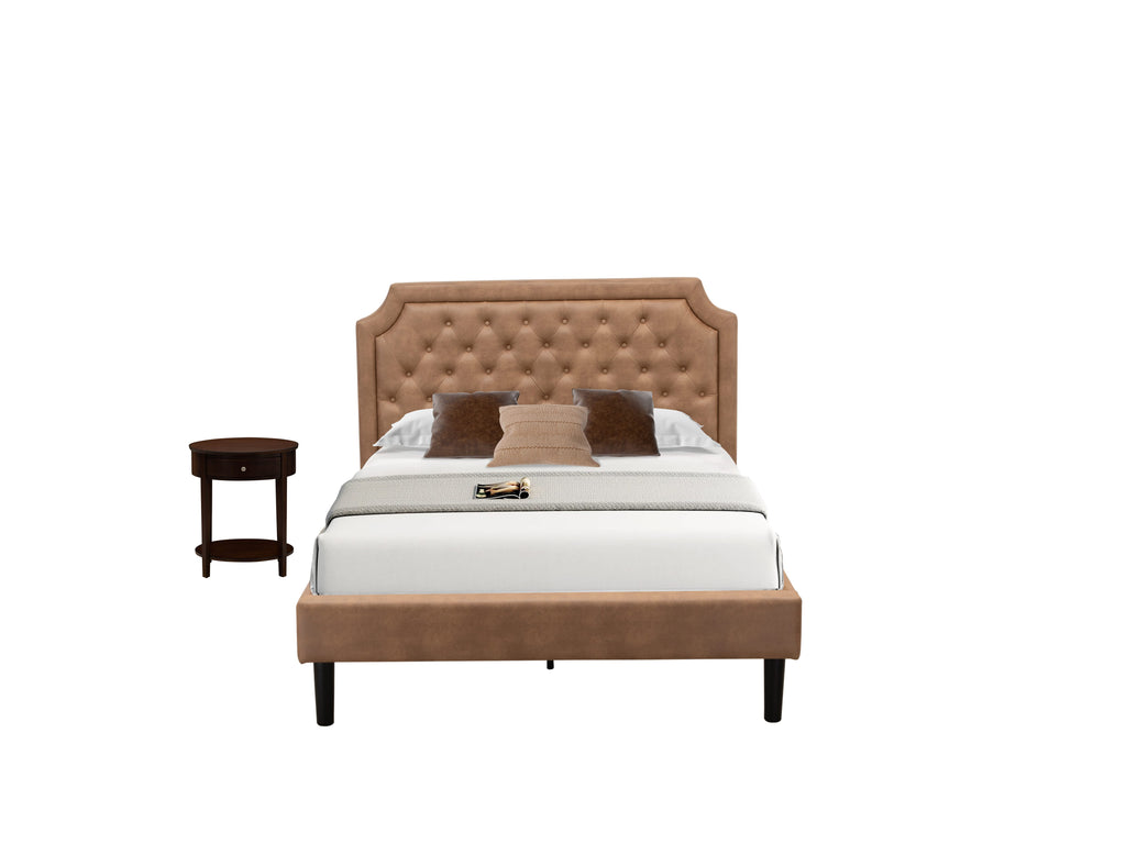 GB28F-TOAUJ Duo Combo Set with a Vintage Vibe Classy Tufted Bed Frame & Chic Mahogany Nightstand in Elegant Brown