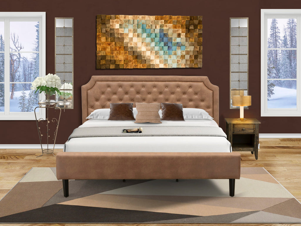 GB28K-4PK8I Button Tufted King Bed Set with Distressed Side Table in Brown Faux Leather and Black Legs