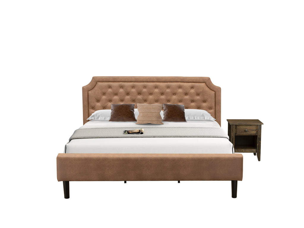 GB28K-4PK8I Button Tufted King Bed Set with Distressed Side Table in Brown Faux Leather and Black Legs