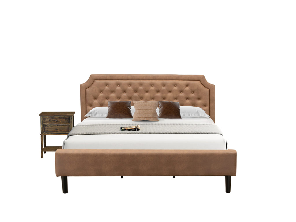 GB28K-Z2WX4 2-Piece Bedroom Set Classic Styled Platform Bed & Mid Century Nightstand with Brown Faux Leather and Black Legs