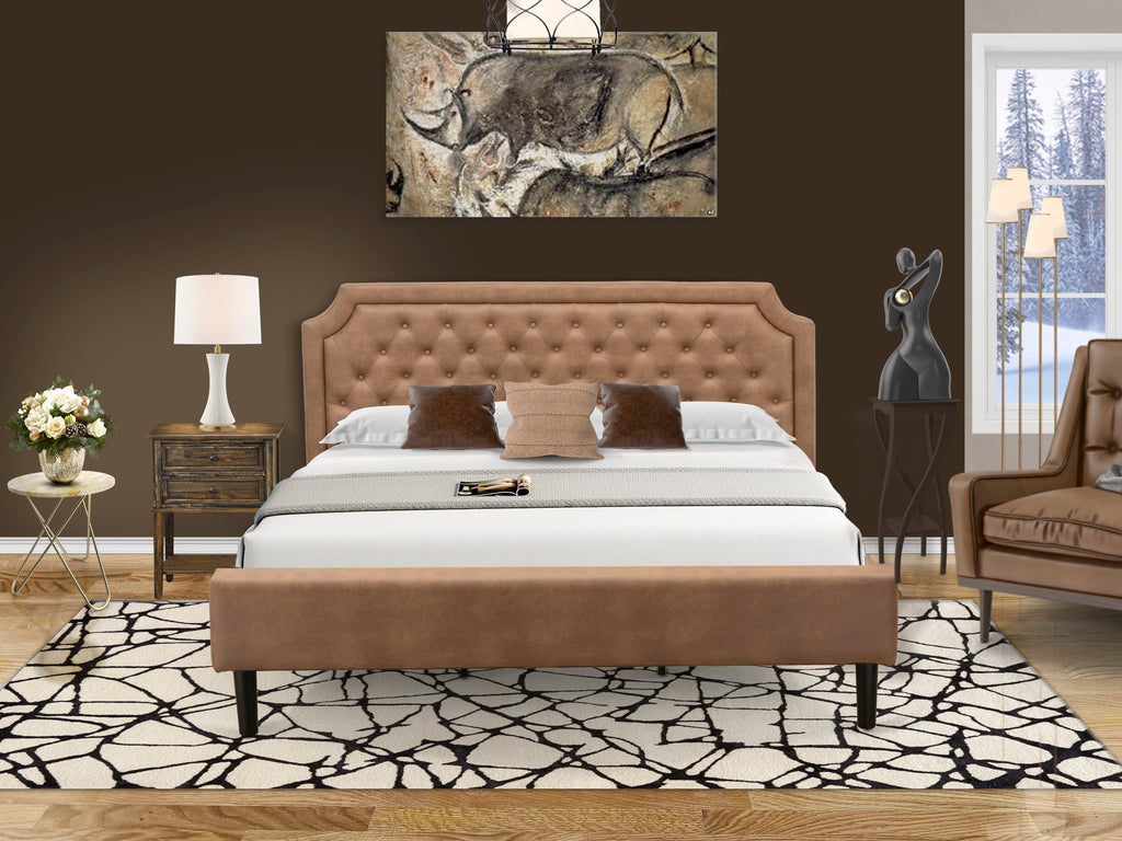 GB28K-Z2WX4 2-Piece Bedroom Set Classic Styled Platform Bed & Mid Century Nightstand with Brown Faux Leather and Black Legs
