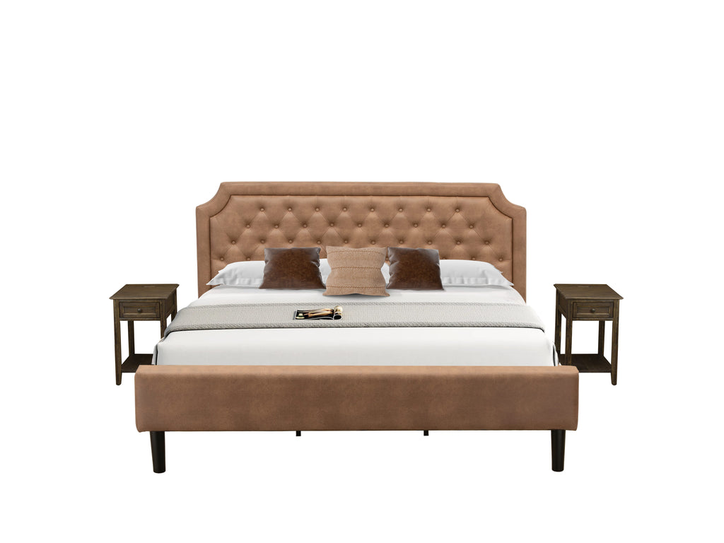 GB28K-MPJMY 3-Piece King Platform Bedroom Set with Tufted Bed Frame & Two Jacobean Nightstands with Textured Brown