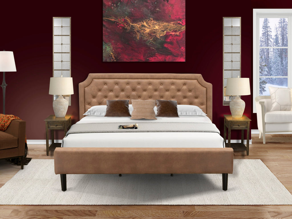 GB28K-MPJMY 3-Piece King Platform Bedroom Set with Tufted Bed Frame & Two Jacobean Nightstands with Textured Brown