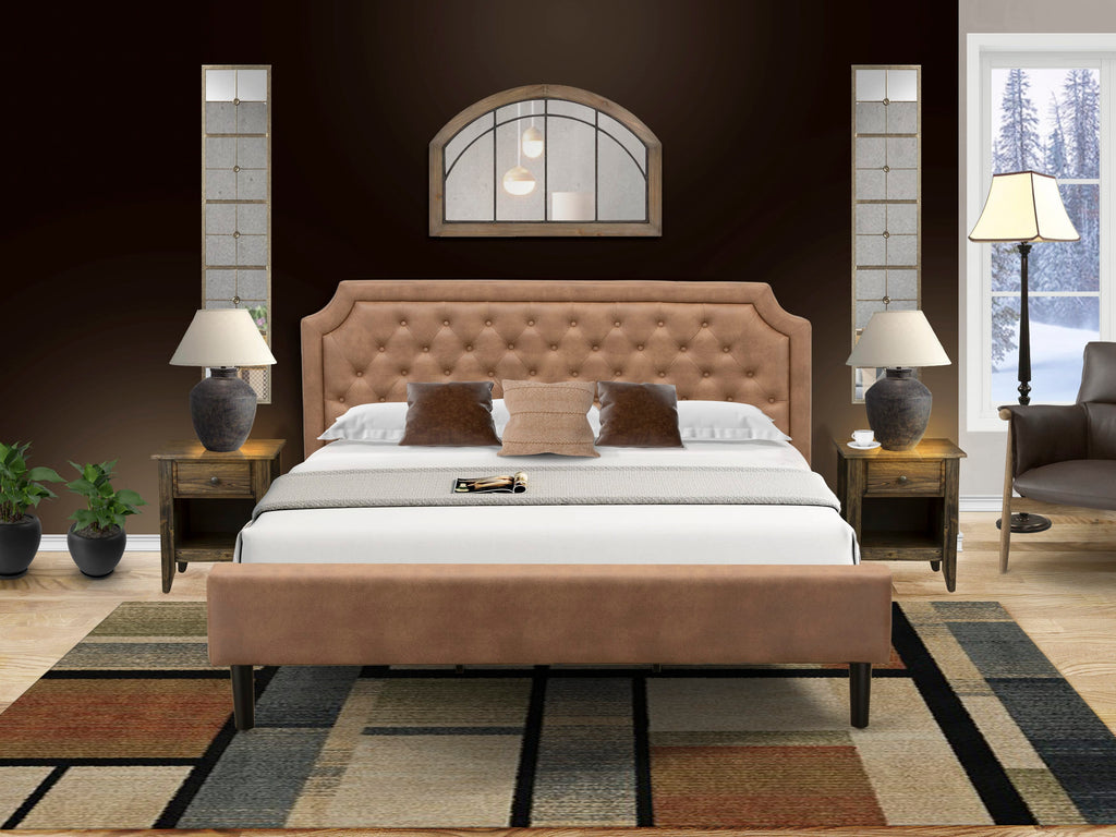 GB28K-3SBQQ 3-Piece Bedroom Kit Contemporary Bedframe, Jacobean Nightstands in Textured Brown Faux