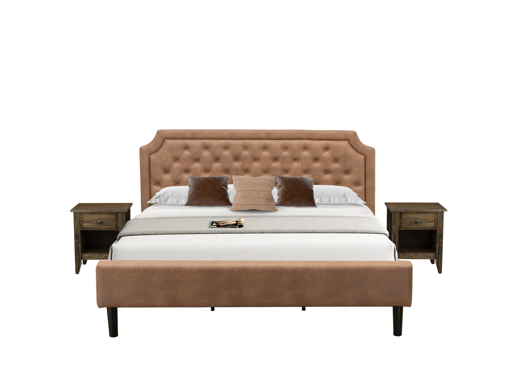 GB28K-3SBQQ 3-Piece Bedroom Kit Contemporary Bedframe, Jacobean Nightstands in Textured Brown Faux