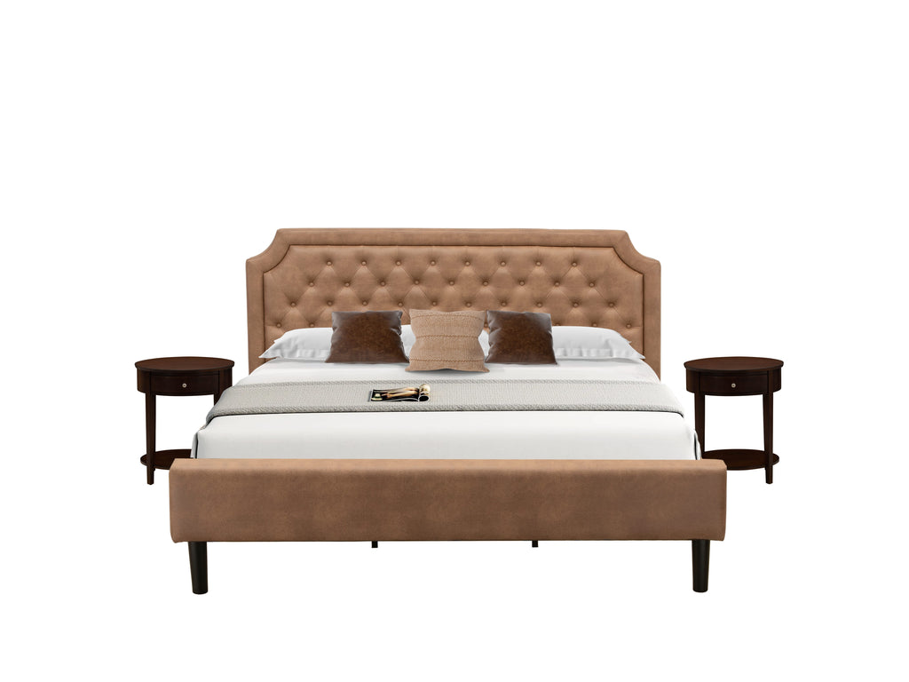 GB28K-MNM0X Stylish Bedroom Ensemble with Button Tufted Elegant Sleeping Frame and a Pair of Retro Mahogany Night Tables - Classic Faux Leather with Rich Brown Details and Ebony Accents