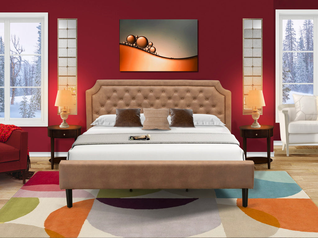 GB28K-MNM0X Stylish Bedroom Ensemble with Button Tufted Elegant Sleeping Frame and a Pair of Retro Mahogany Night Tables - Classic Faux Leather with Rich Brown Details and Ebony Accents