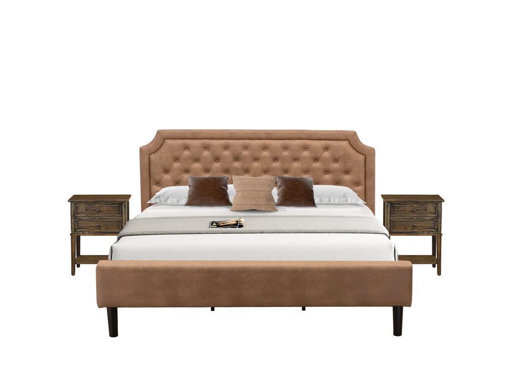 GB28K-A7VOI King Size Bed Collection Faux Leather Frame with Jacobean Night Stands in Brown & Black Finish